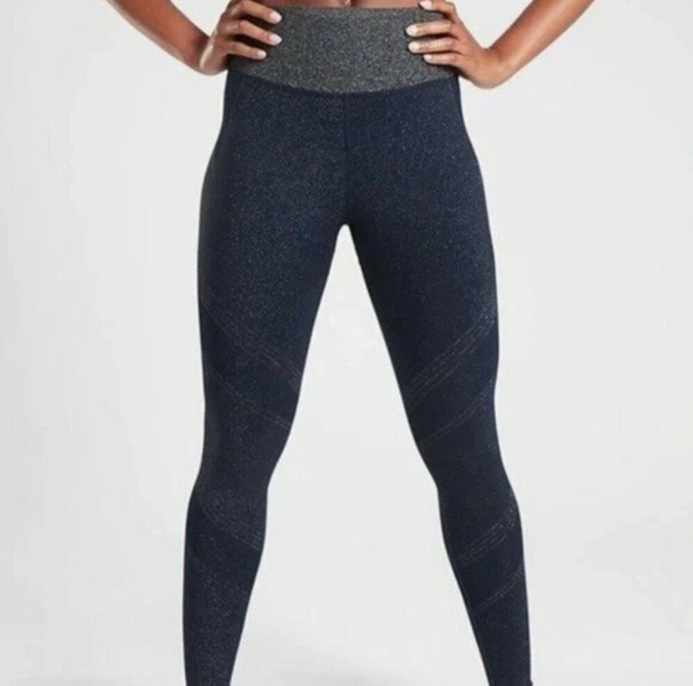 Athleta Twilight Tight Navy Blue Metallic Shimmer Knit Leggings Size Medium